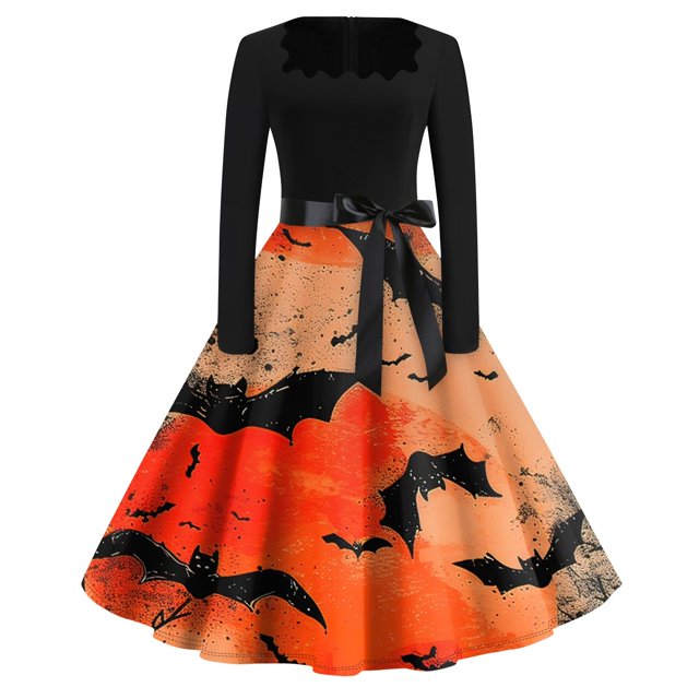 Vestido de Halloween para mujer, vestido vintage de manga larga con estampado de murciélago rojo, disfraz gótico para fiesta