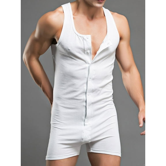 Raenseen Men's Sleeveless Short Jumpsuit Romper Button Down Tank Top Playsuit Nightwear Gym Leotard White M