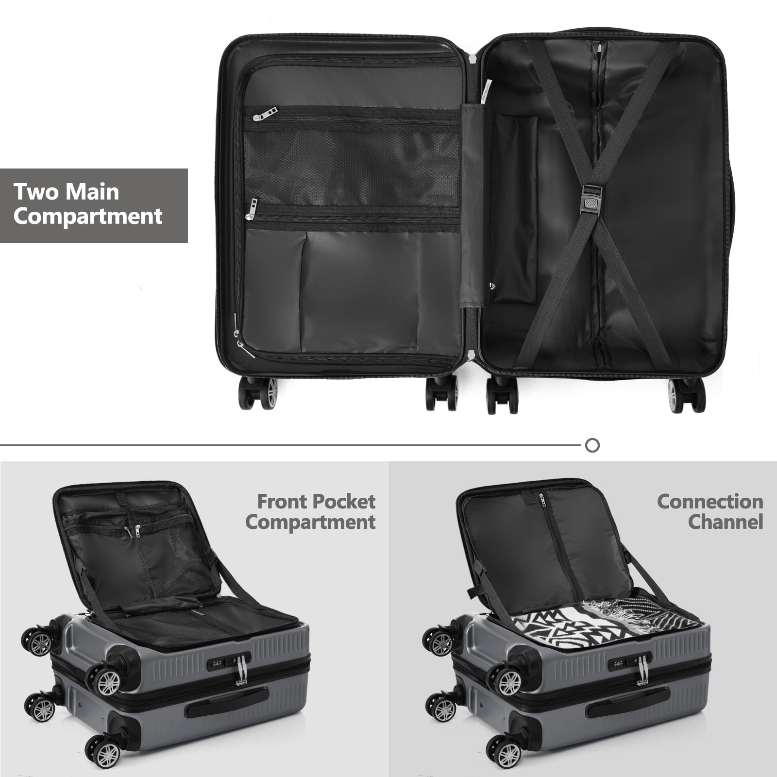 EUROCO Carry On Luggage 22x14x9 Airline Approved, Front Open Suitcase with 1 Portable Carrying Case and USB Port (Gray, 20 Inch, 40L)