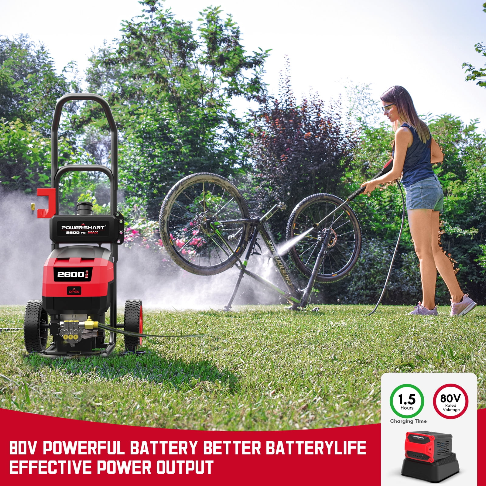 PowerSmart 80V Cordless Pressure Washer, 2600 PSI, 5 Adjustable Nozzles, 6.0 Ah Battery & Charger