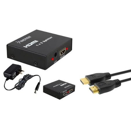 Female Monitor Splitter (Insten 1x2 Port HDMI Splitter Amplifier Repeater Female (1 input/2 output) + 3-pack 6' HDMI 1080P Ethernet Cable for Dual display Monitor TV (with Power Supply AC)
