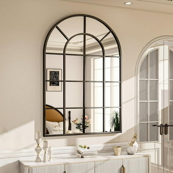 BEAUTYPEAK 24"x36" Arched Windowpane Mirror Bathroom Mirror Wall Mirror,Black