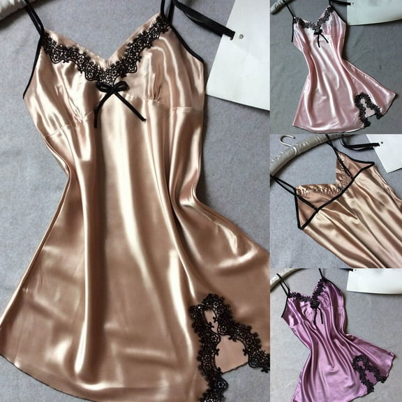 Aboser Womens Babydoll Lingerie Nightgowns Smoothly Silk Satin Sleepwear Lace Trim Split Nightshirt Comfy Full Slip Loungewear Sleeveless Chemise Pajama Dress