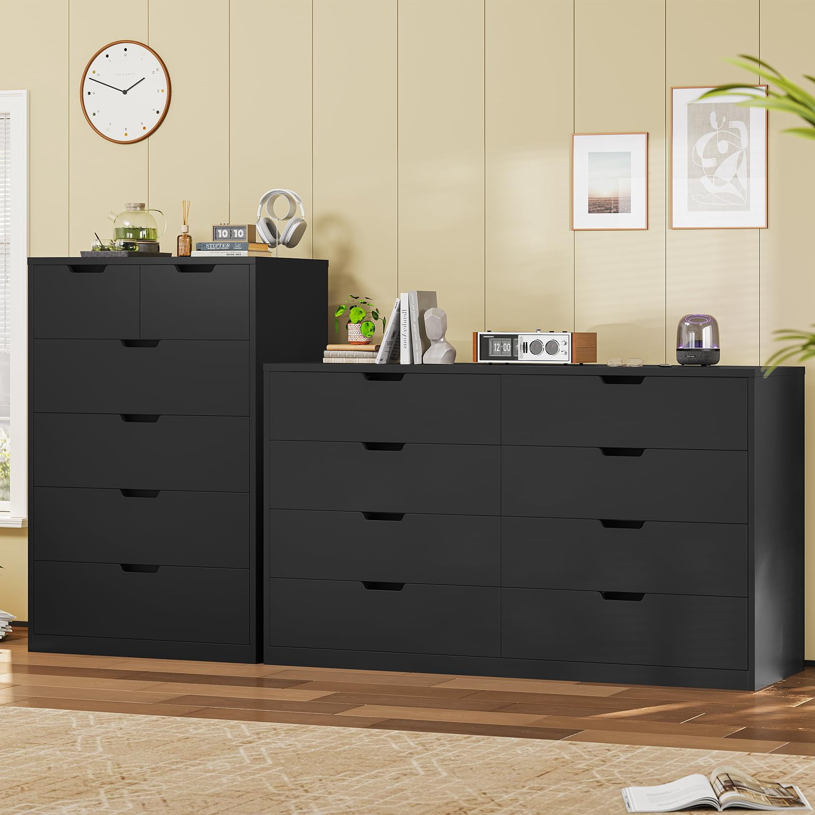 Afuhokles Wood Dresser 8 Drawer Double Tier Dresser, Modern Wood Chest of Drawer for Living Room, Bedroom, Black