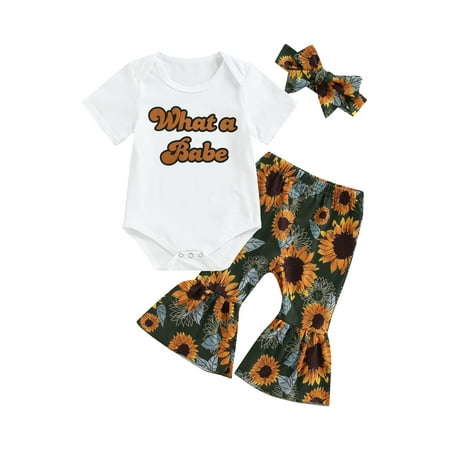 

Kiapeise Toddler Baby Girl Clothes Set Short Sleeve Romper Bodysuit Top Sunflower Flared Bell Bottoms Pants Summer Outfits