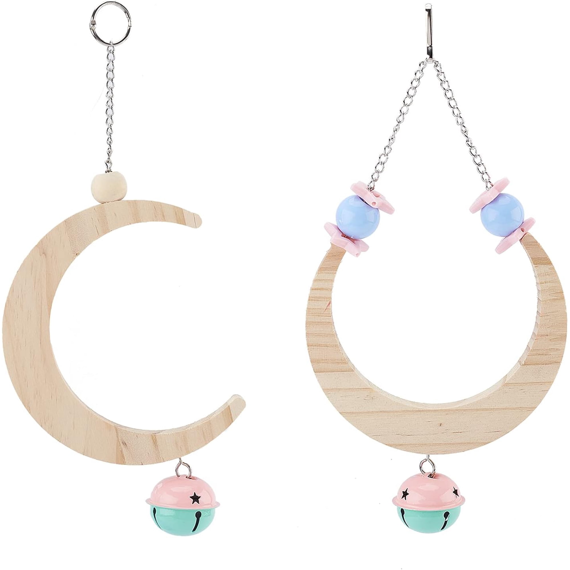 Bird Natural Wood Swing Toys with Bells 11.22" Moon Shaped Natural Wood Bird Hanging Stand Perch Pets Swing Stand Toy for Small Birds Budgerigar Parakeet Conure Cockatiel BurlyWood