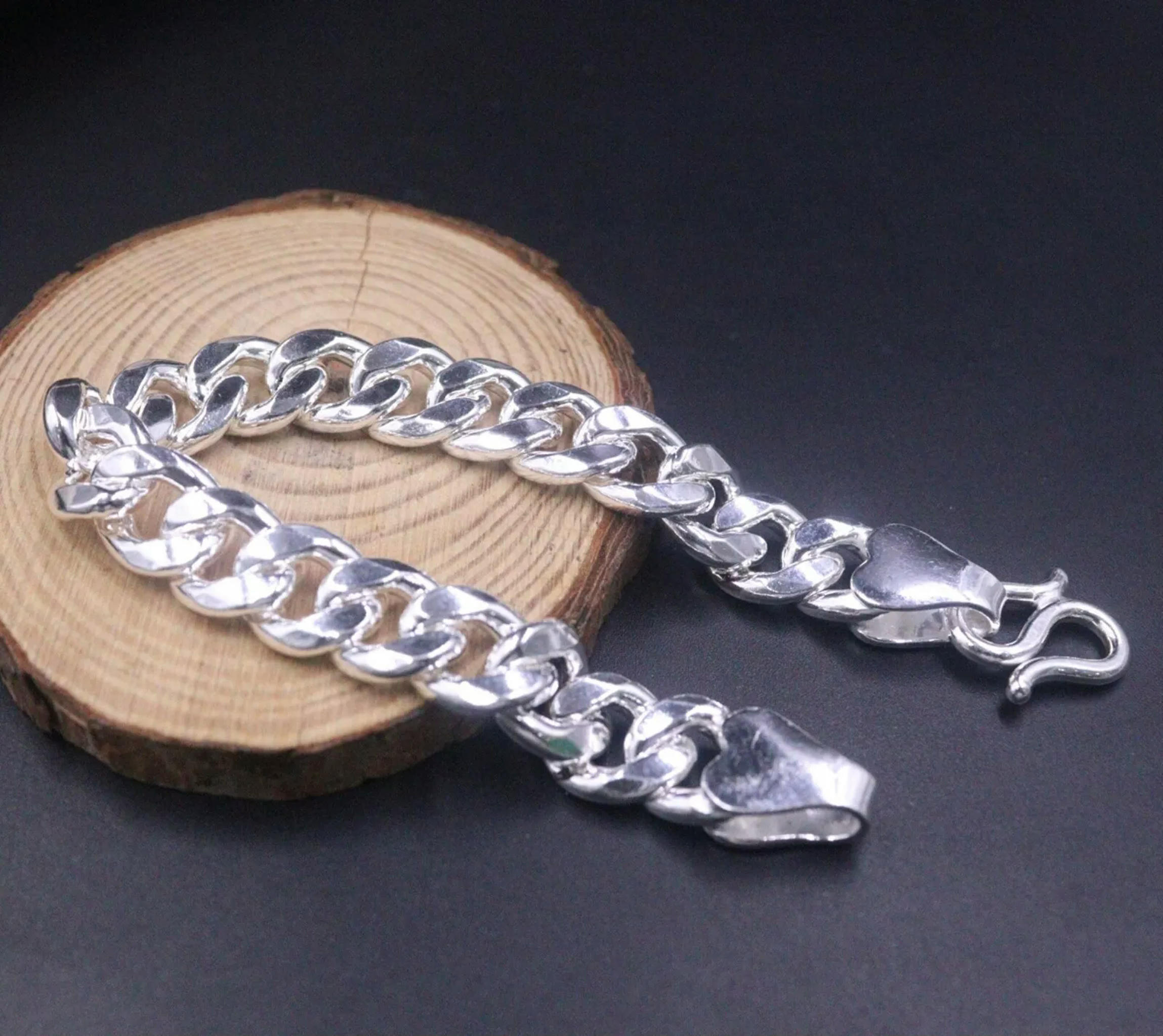 HOOUN Pure 999 Fine Silver Chain Men 12mm Cuban Curb Link Bracelet 60-61g/7.8inch