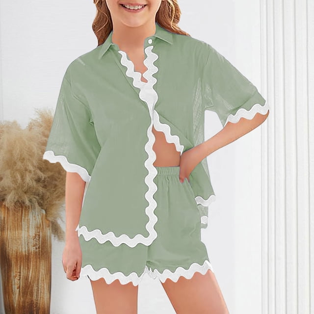 Girls And Boys Casual Short Sleeve Shirt Shorts Ribbon Decorative Cotton Linen Set Clothing Two Piece Set