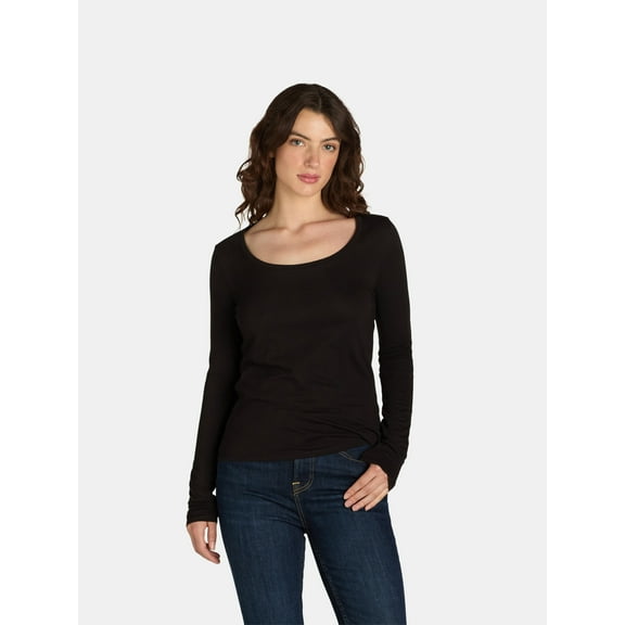 No Boundaries Scoop Neck Everyday Tee with Long Sleeves, 1 and 3 Pack, Women's