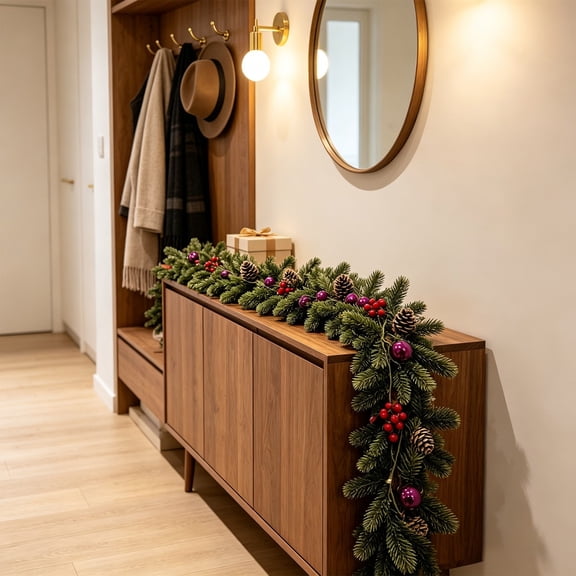 Christmas Garland with Light, Flocked Rattan Artificial Christmas Garland with Pinecone Red Berries, Garland for Classroom Party Birthday Decoration, Bauble Stair Mantle or Winter Decor