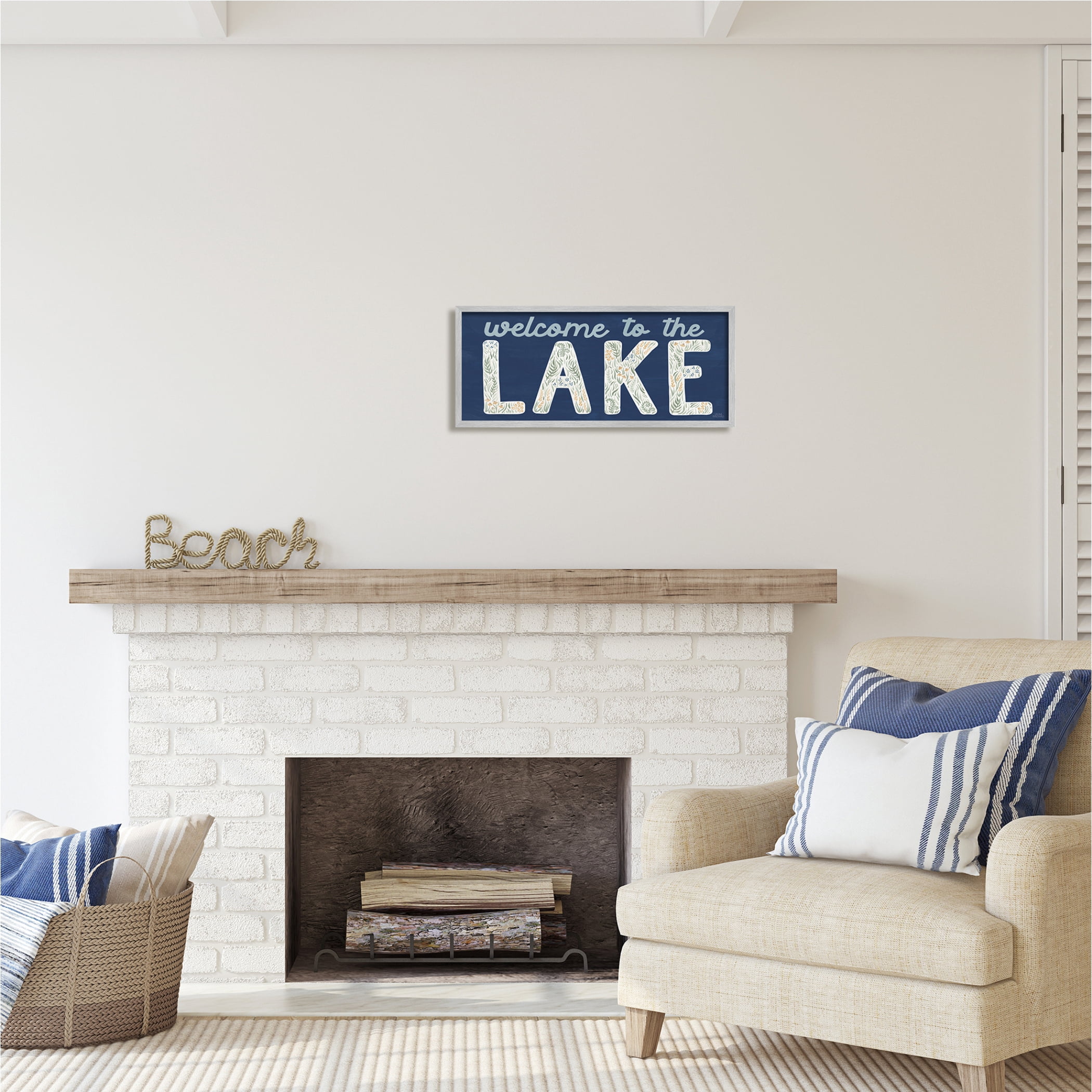 Stupell Industries Welcome Lake Floral Phrase Botanical & Floral Painting Gray Framed Art Print Wall Art, 24 x 10