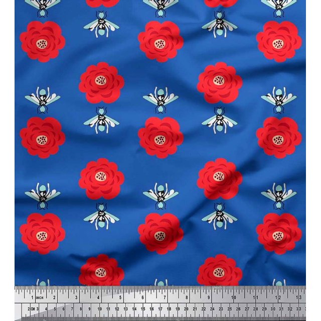 Soimoi Velvet Fabric Floral & Bee Insects Print Fabric by The Yard 58 Inch Wide