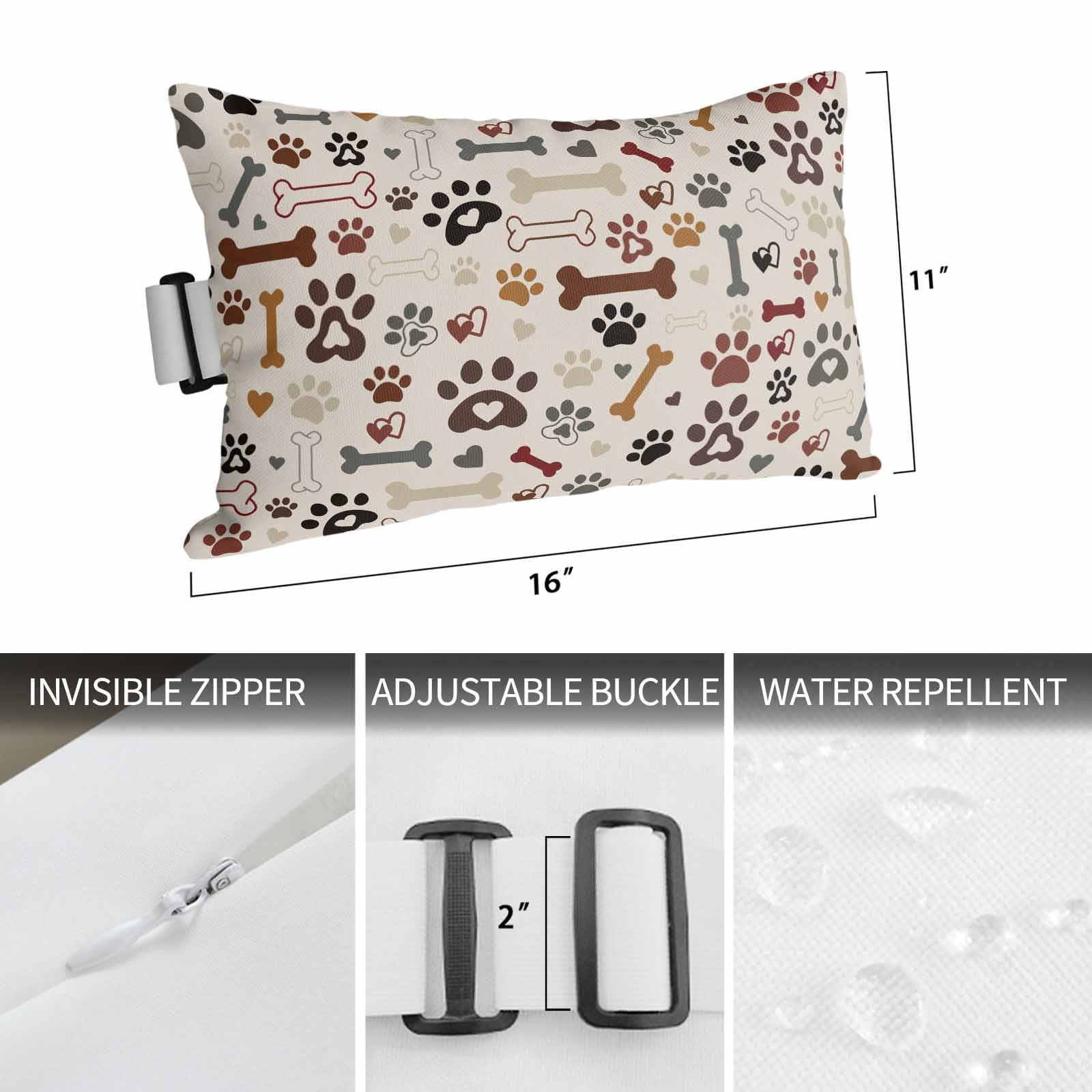 Dog Claws Outdoor Chaise Lounge Pillows Dog Bones Love Vintage Texture Lumbar Pillows with Insert Adjustable Elastic Strap Headrest Pillow for Recliner Patio Chair 2 Pack 11x16 Inch
