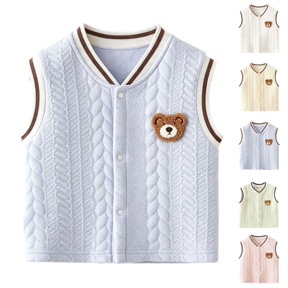 YUANxueke Kids Cotton Warm Vest Button Down V Neck 3D Bear Trim Sleeveless Cardigan,Blue,2-3 Years