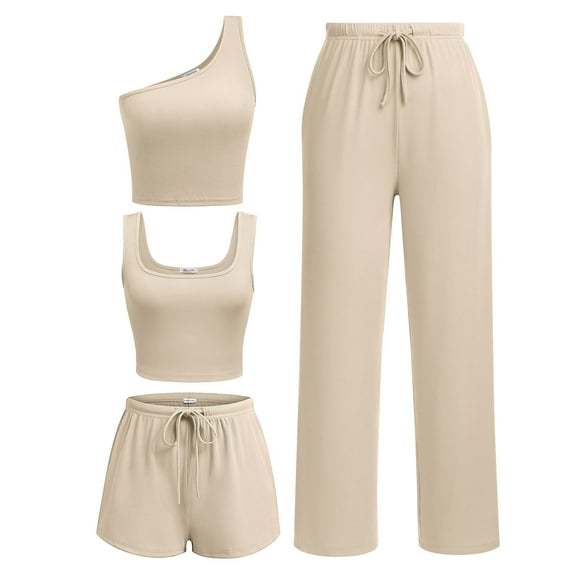 Ekouaer Womens 4 Piece Lounge Sets Ribbed Knit Crop Tank Top and Shorts Pants Casual Outfits