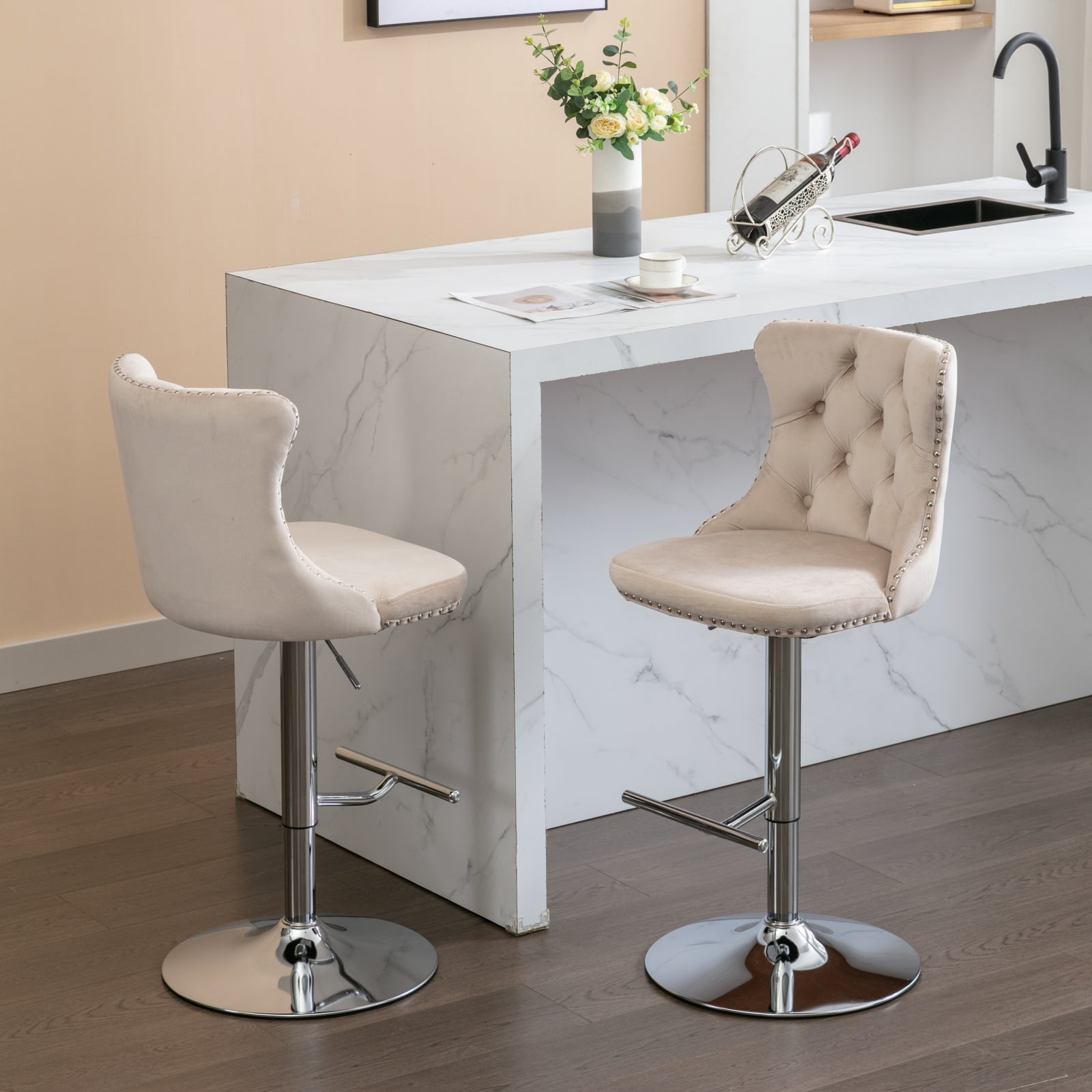 MAYEERTY Swivel Velvet Barstools - Adjustable Seat Height 25-33 Inch, Chrome Base, Tufted Backs, Beige, Set of 2