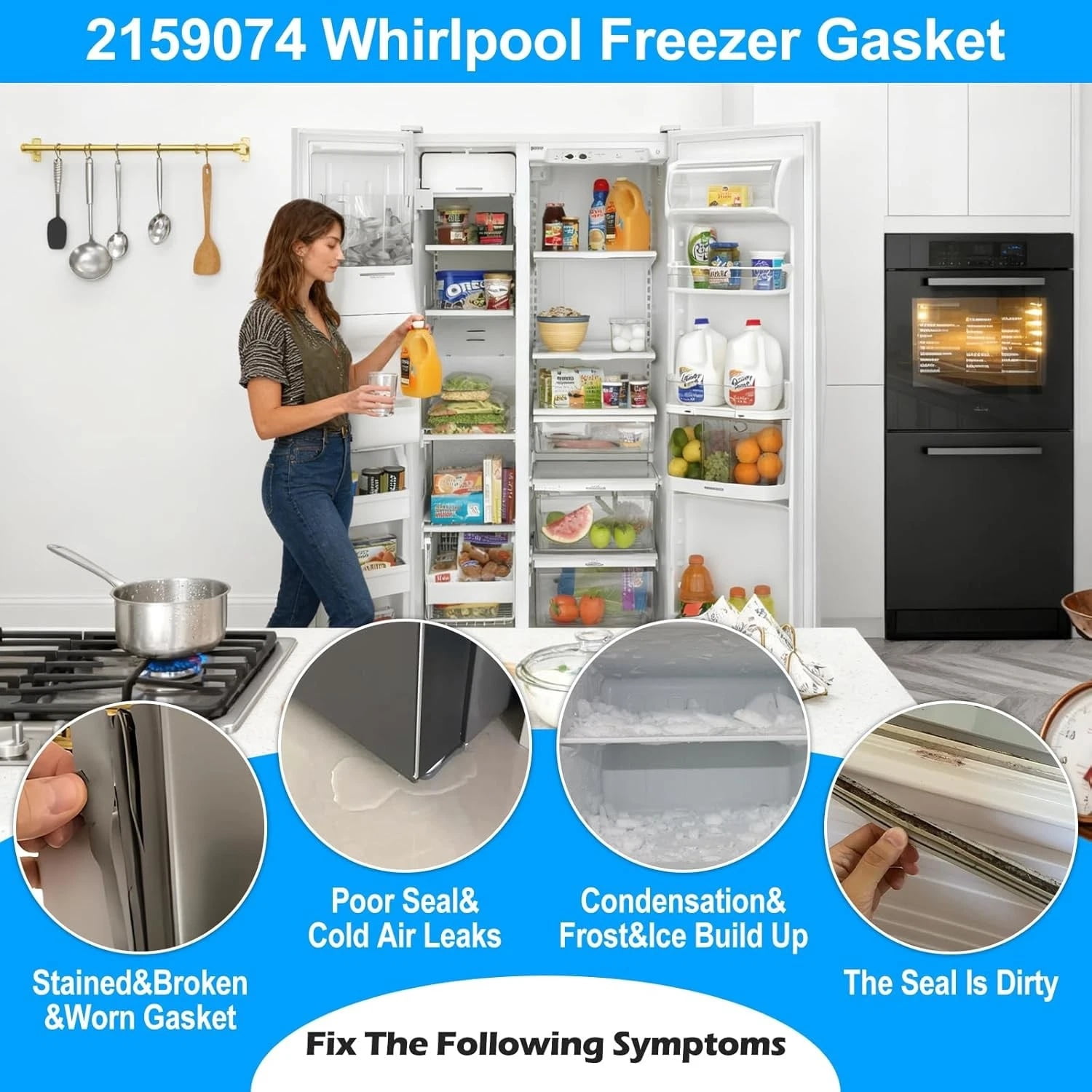 Freezer Door Gasket 2159074 Replacement for Whirlpool Refrigerator Models ED25CQXFB00 ED25CQXFN00 ED25CQXFW00
