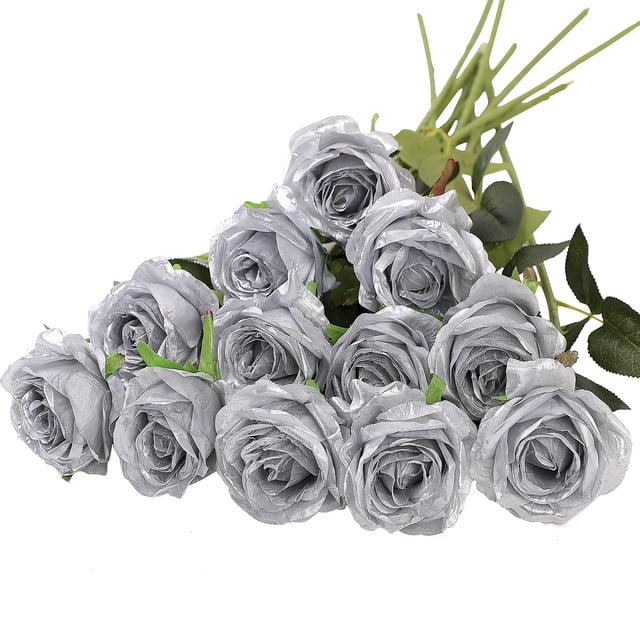 12PCS Artificial Silk Flowers Realistic Roses Bouquet Long Stem for Home Wedding Decoration Party (Silver)