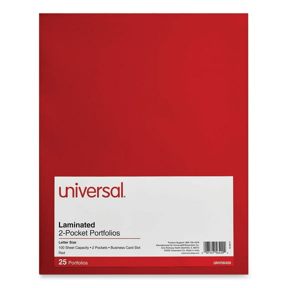 Universal UNV56420 11 in. x 8-1/2 in. Cardboard Paper Laminated Two-Pocket Folder - Red (25/Pack)