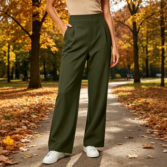 Bzdzmqm Women Plus Size Wide Leg High Waisted Trousers with Pockets Solid Casual Office Work Activewear Loose Long Pants Trousers, Army Green M