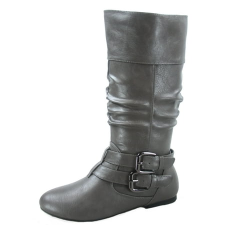 

Sonny-54 Women s Caual Side Zip Buckles Slouch Flat Heel Mid Calf Round Toe Boots ( Gray 5)