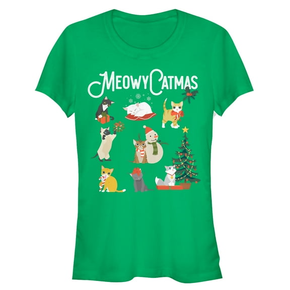 Junior's Lost Gods Christmas Cat Collage  Graphic Tee Kelly Green Small