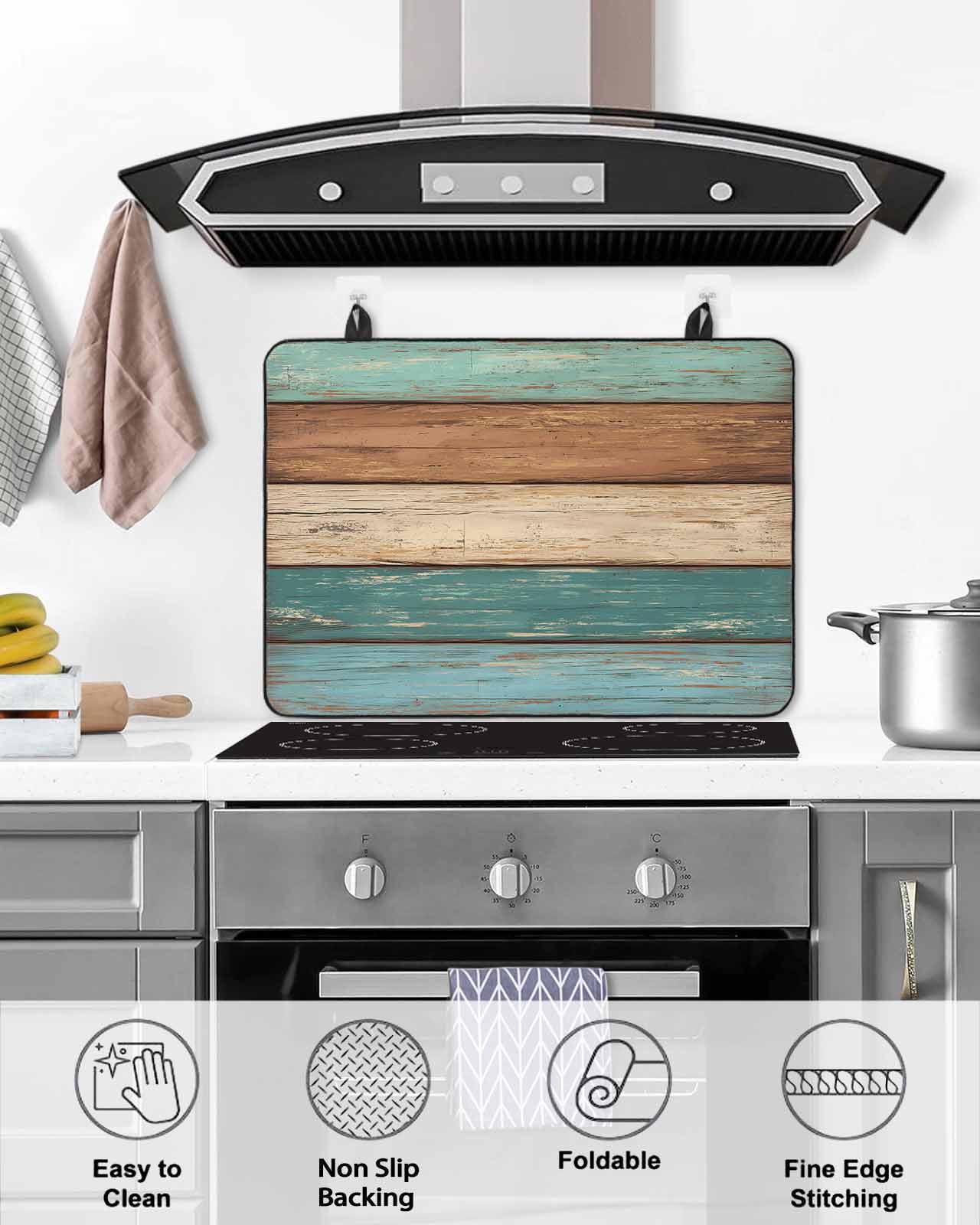 nqOlkjepod Large Induction Cooktop Protector Mat 28.5"x20.5", Teal Turquoise Stove Top Covers for Electric Stove, Retro Farmhouse Wood Grain Brown Stove Burner Cover Mats, Glass Top Stove Cover