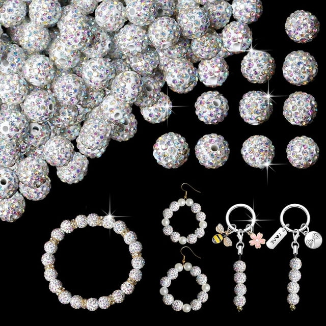 EIGTHTAIL 100PCS 10mm Rhinestone Beads for Jewelry Making Light Blue Sparkle Crystal Clay Beads for Crafting Shamballa Beads Bulk Disco Ball Beads for Pens Bracelets Earring Baseball Ne