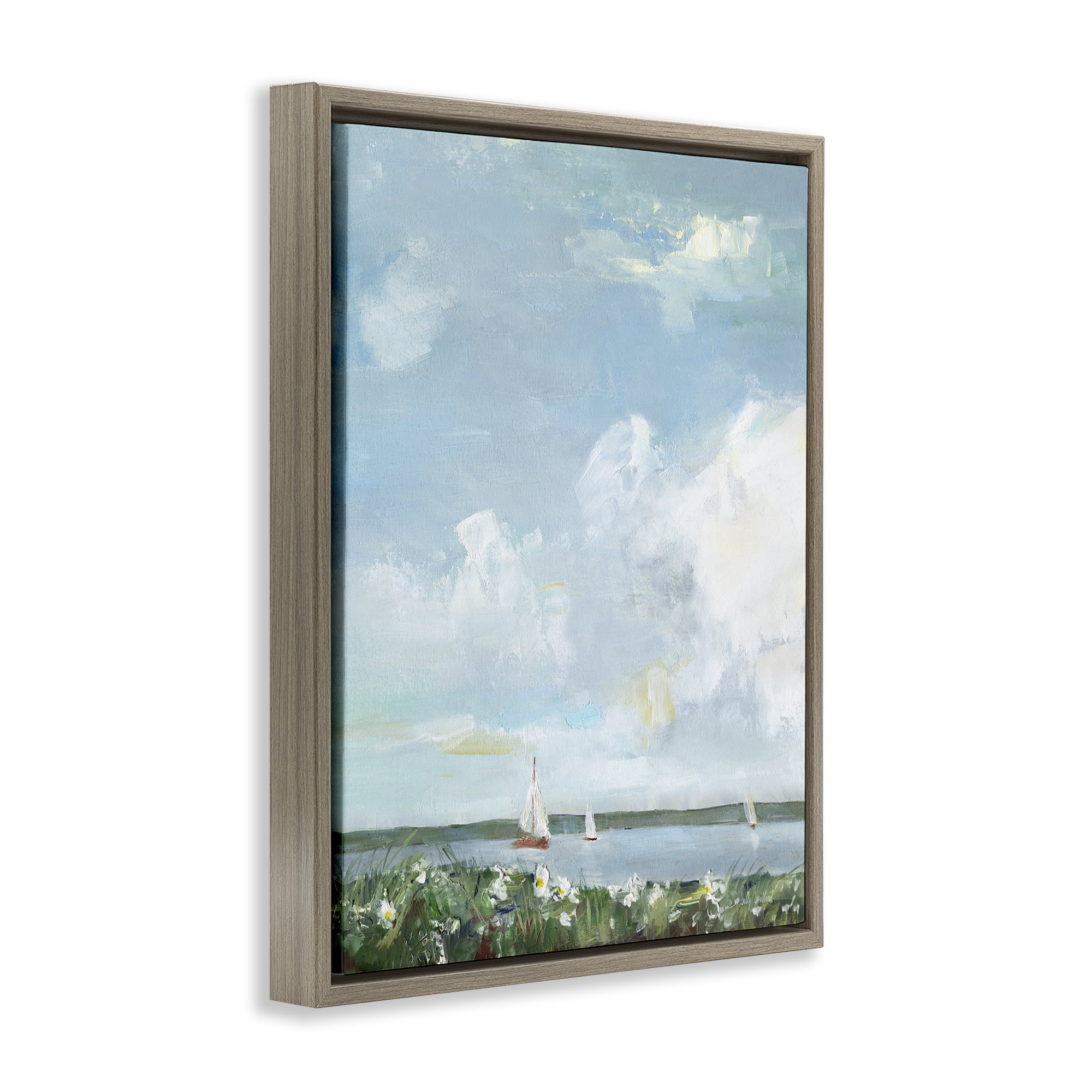 Stupell Industries Seaside Sailing Under Clouds Brown Framed Floater Canvas Wall Art, design by Sally Swatland