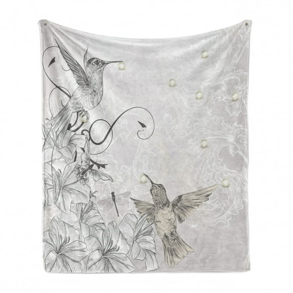 Hummingbird Soft Flannel Fleece Blanket, Floral Ornamental Vintage Hand Drawn Flying Birds Pearls Butterfly, Cozy Plush for Indoor and Outdoor Use, 50" x 70", Pearl Pale Taupe White, by Ambesonne