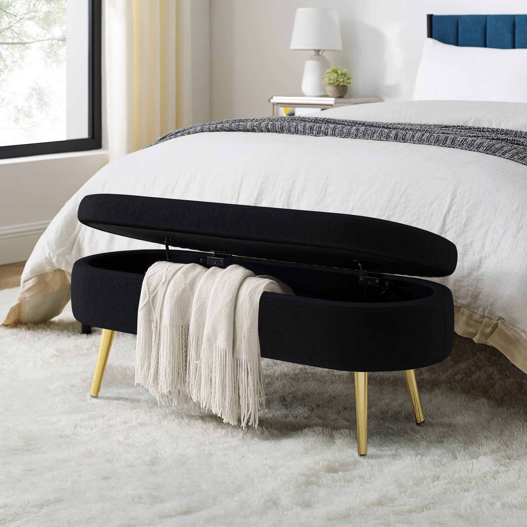 Oval Flannel Storage Ottoman Bench, Upholstered Footstool with Metal Legs, 43.5"x16"x16", 250lbs Capacity for Home Decor