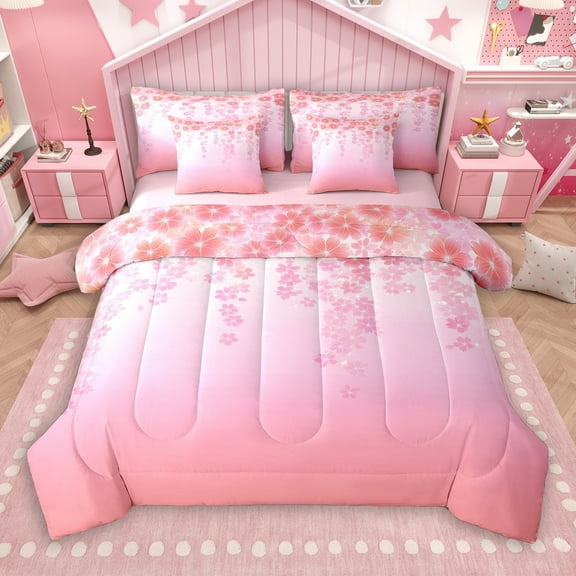 Manfei Dreamy Cherry Blossoms 7-Piece Twin Bedding Sets, Spring Flower Floral Bedding Comforter Set, Teens Kids Girls Female Reversible Sheet Sets, Luxury Bedroom Decor