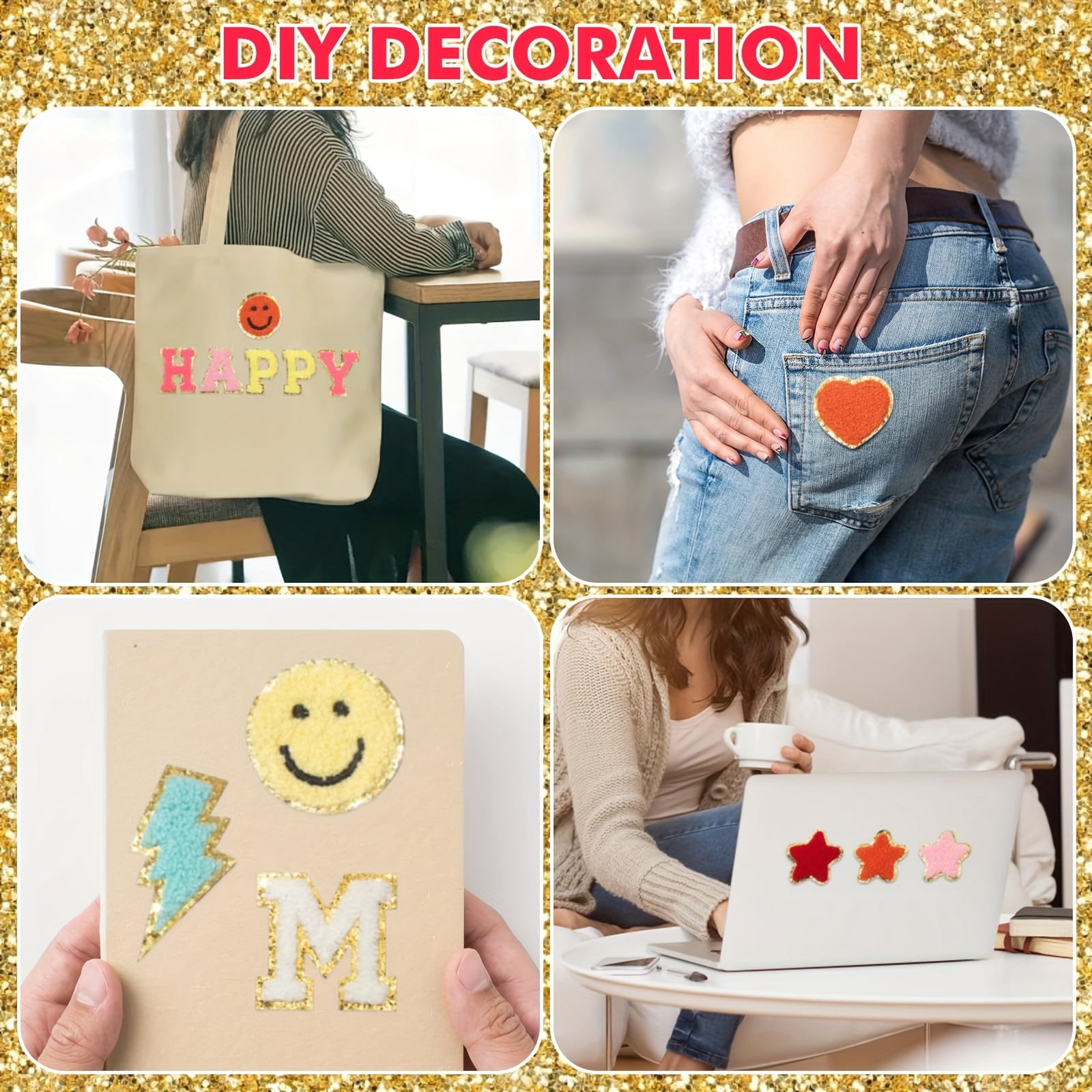 123 Chenille patch ironing stickers with Golden embroidery include 78 letter patches, 45 stars, hearts, flowers, smiling faces, rainbows, crosses, lightning, cute claws, bow