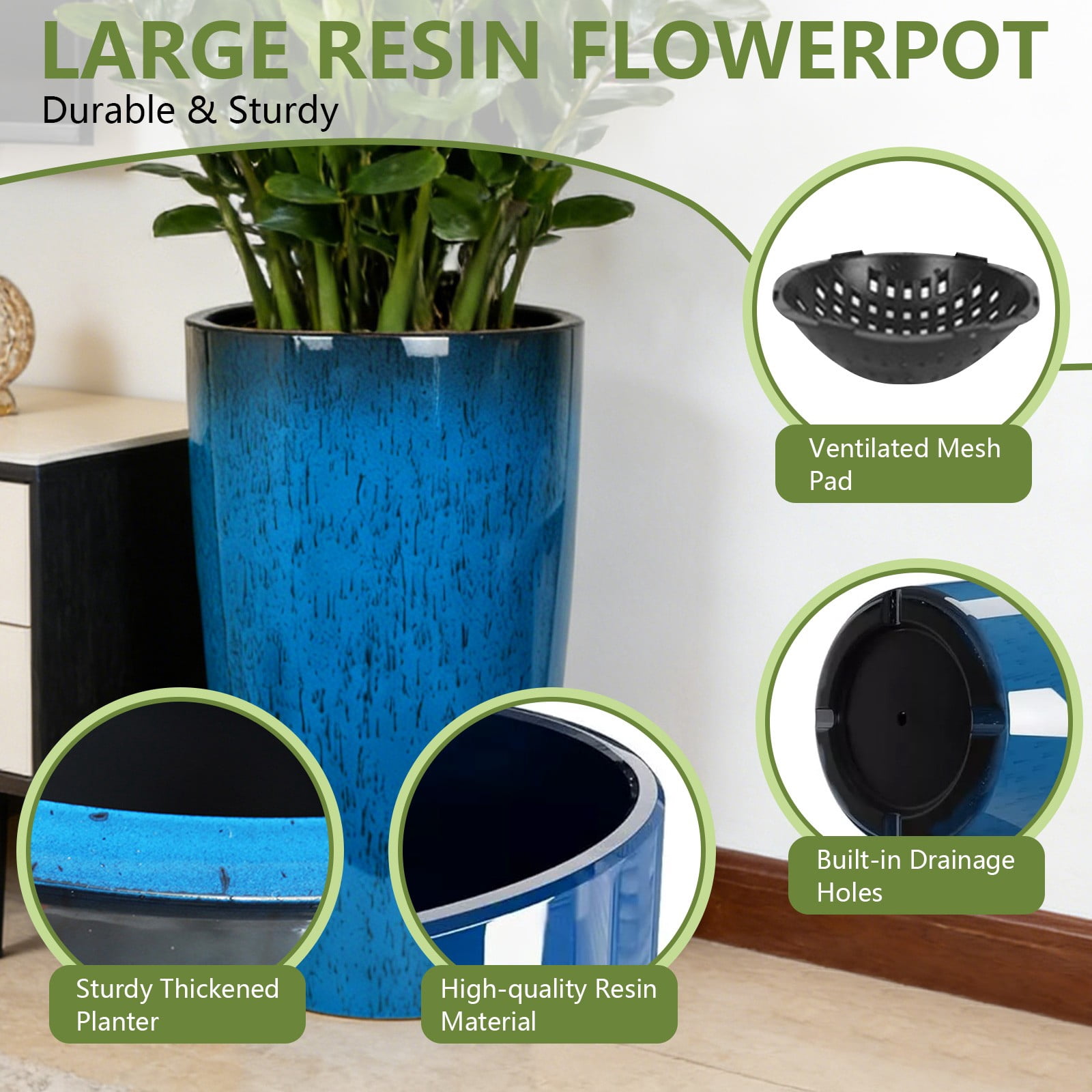 2 Pack 24" Tall Planters Sturdy Plant Flower Tree Pots for Indoor Outdoor Decor, Blue