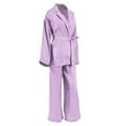 thumbnail image 2 of Seyurigaoka 3 Pcs Women Casual Loose Homewear Pajamas Set, Long Sleeve Solid Color Lapel Tops + Loose Long Pants + Belt, 2 of 9