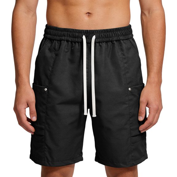 LTTVQM Men's Cargo Shorts Elastic Waistband Drawstring Summer Casual Cotton Shorts Relaxed Fit Lightweight Workout Short Pants with 4 Pockets Black L