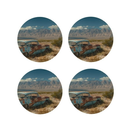 

Vsdgher Deserted Classic Car Landscape Leather Coasters for Drinks Durable Drink Coasters 4 Set for Tabletop Protection Luxurious Home Décor and Housewarming Gift-Round Shape