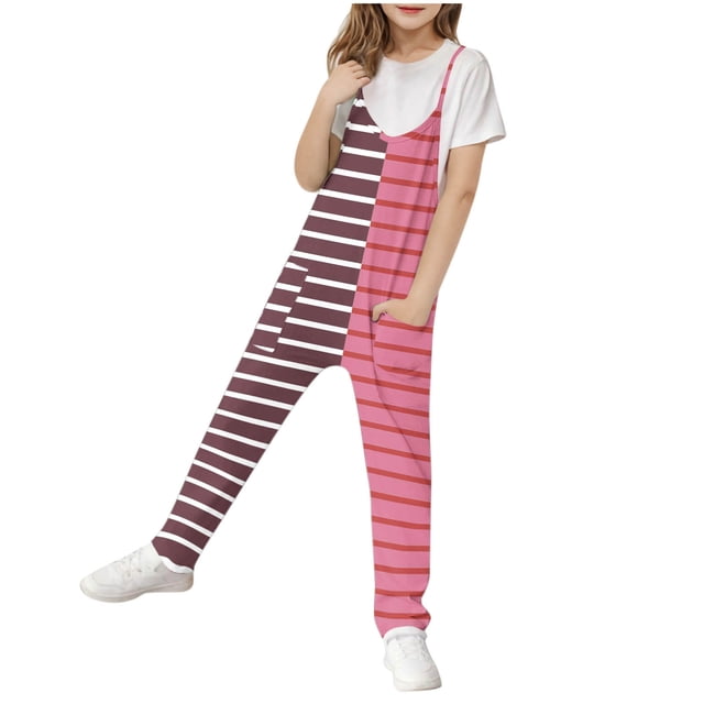 Odeerbi 5-14 Años Niñas Verano Mono Color Bloque Rayas Camisola Romper Primavera Casual Transpirable Cómodo Monos Correa Bib Pantalones Generales Traje de Juego