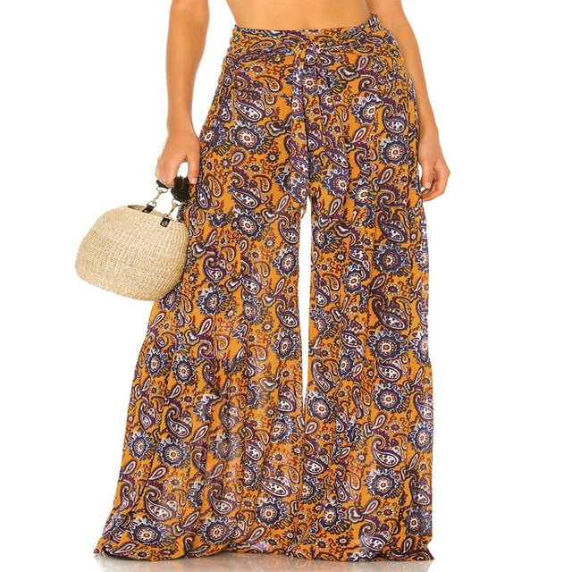 Pantalons de Plage Boho pour Femmes Taille Haute Décontractée Ample Jambe Grand Droite Imprimée
