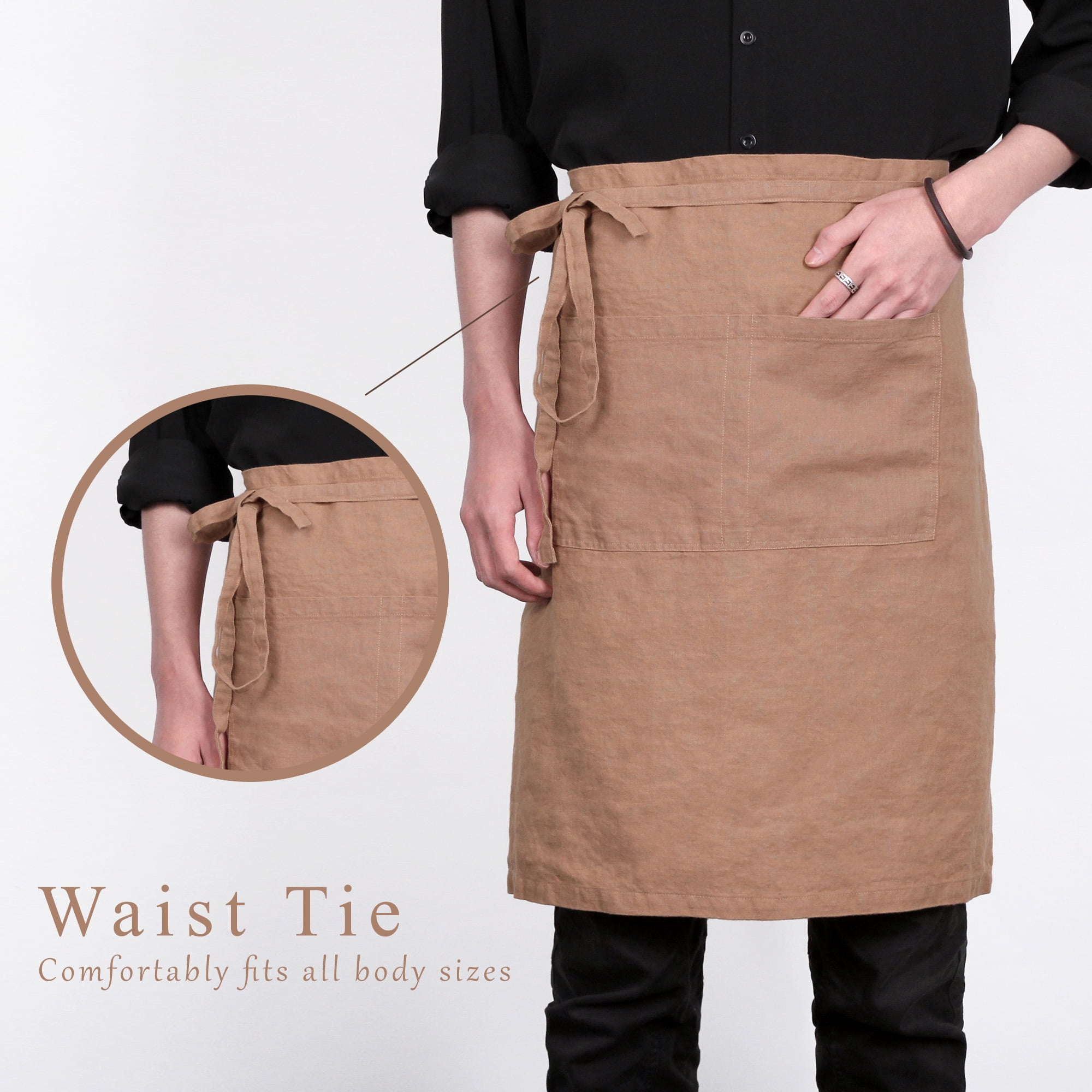 100% Linen Bistro Apron with Pockets 25x35 inch - Unisex Half Apron - Macchiato