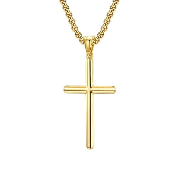 PAMTIER Unisex Stainless Steel Hip Hop Classic Religion Christian Cylinder Cross Pendant Amulet Crucifix Necklace Faith Statement Gold 23.6" Chain