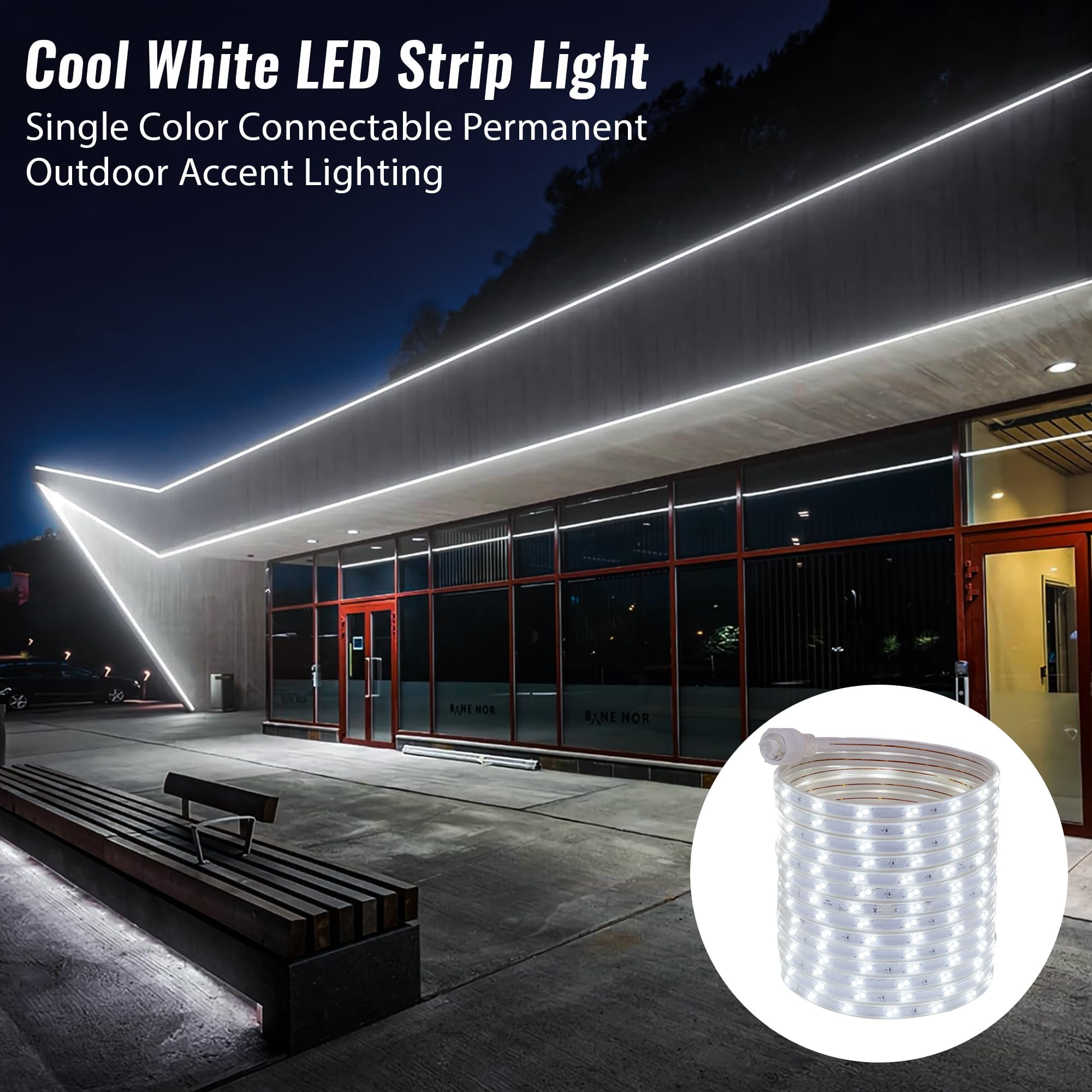 WYZworks 1860LEDs 100ft Cool White 16-Mode Flat LED Outside Strip Lights SMD 2835 Waterproof Permanent Heavy Duty Outdoor Exterior Accent Lighting, ETL Certified, Connectable Flexible Clear PVC Shell