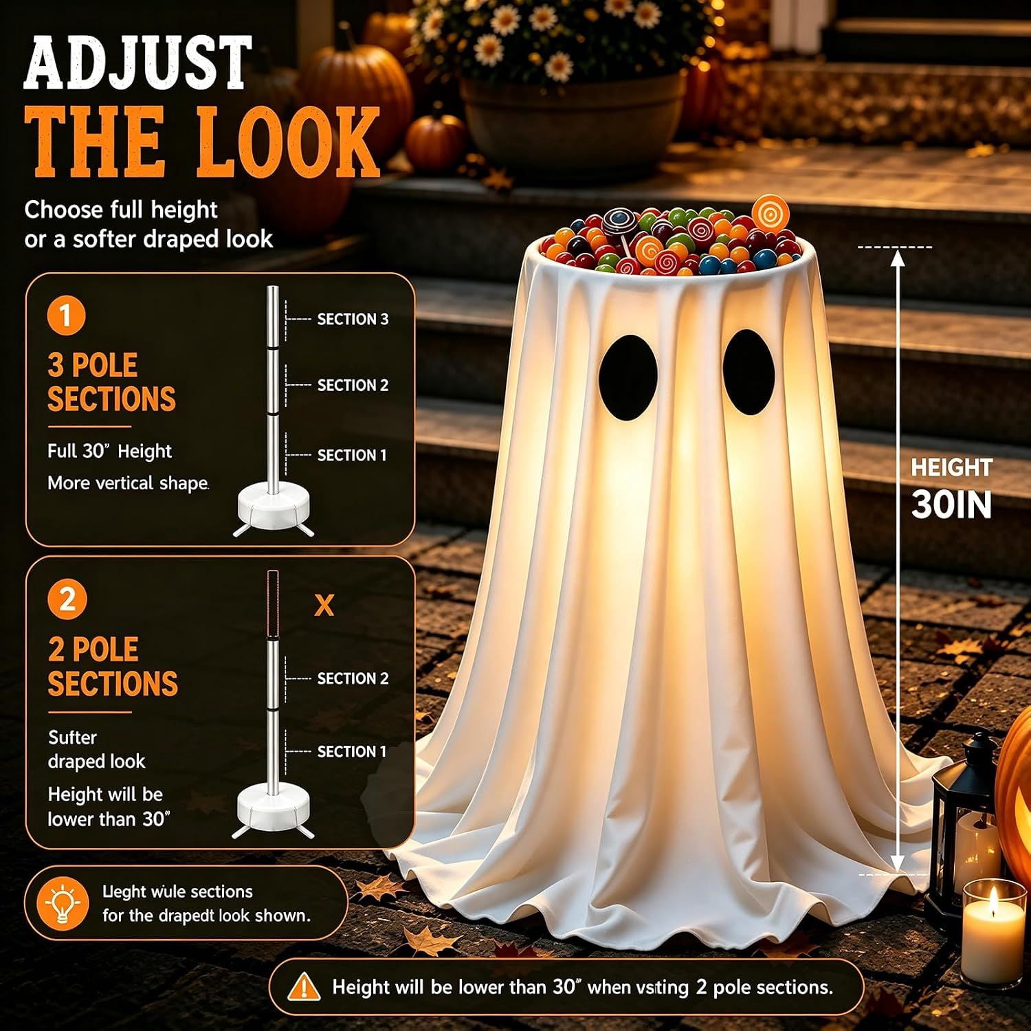 Glowing Ghost Candy Bowl Holder, 30 in LED Halloween Decoration with Remote, 8 Light Modes, USB or Battery Power, Indoor Outdoor Porch Display