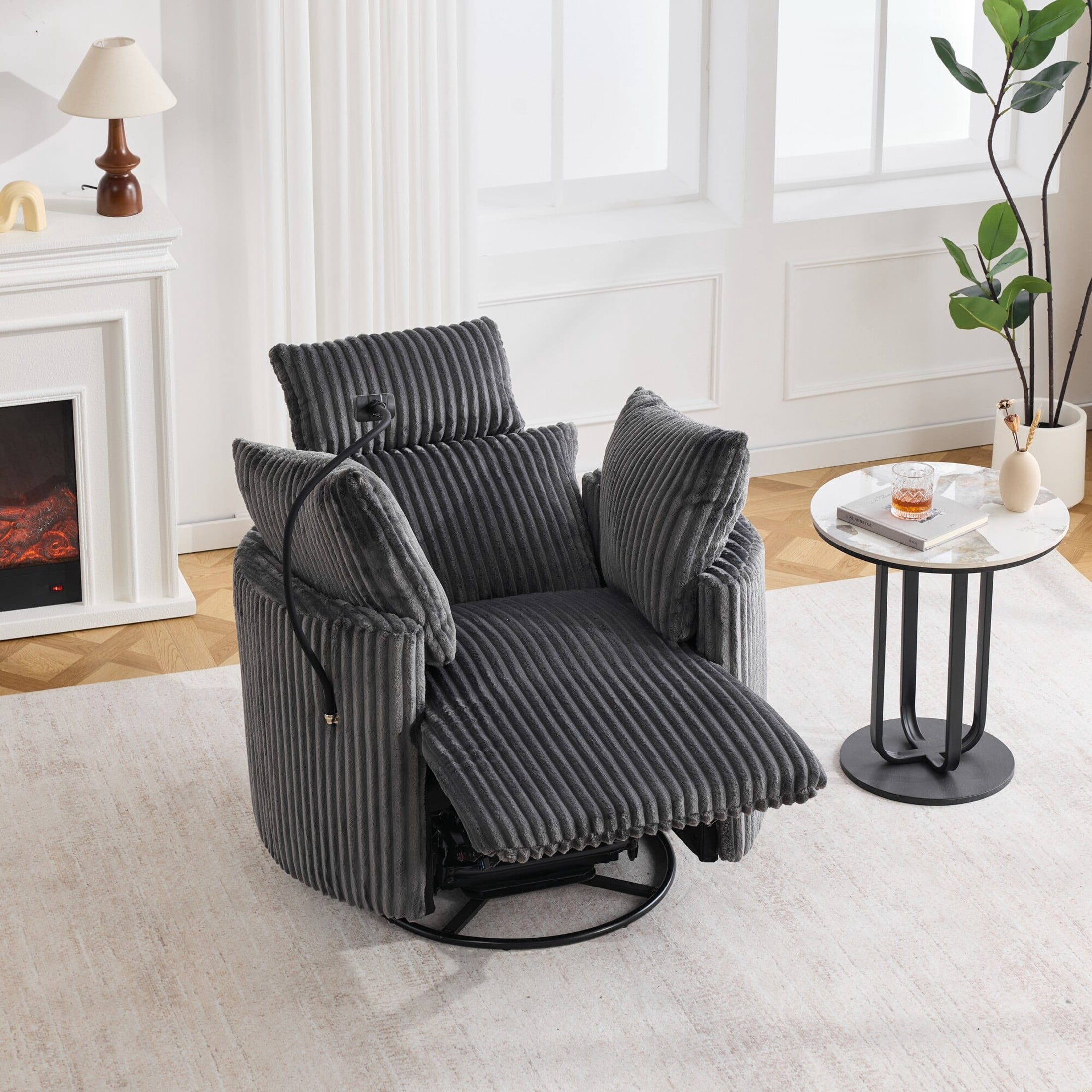 Noble House Sigrid 360° Swivel Rocking Recliner Chair, Electric Power Adjustable Corduroy Armchair with USB, Gray