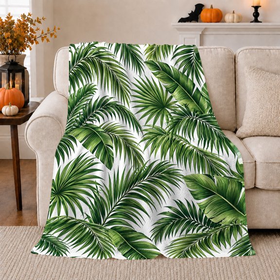 Tropical Palm Leaves Botanical Illustration, Cozy Coastal Landscape Scene, Warm Flannel Blanket for Beach House and Living Room, Beach Lovers Thanksgiving Gift, Coastal Home Decor