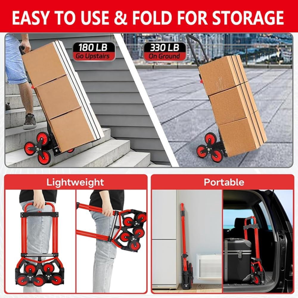 Stair Climbing Cart,Stair Climbing Hand Truck Dolly, 330 lb Capacity Heavy Duty Folding Hand Truck with Telescoping Handle and 6 Wheels and 2 Ropes