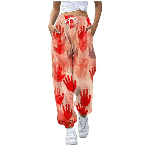 Xmyrz Halloween High Waisted Pants For Women Sweatpants Printed Elasticity Bloody Winter Lace Up Trendy Tapered Lounge Pants Casual Trouser