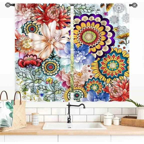 Bohemian floral kitchen curtains, vintage small cafe short window curtains for bedroom living room, 28x40 inches, 2 pieces