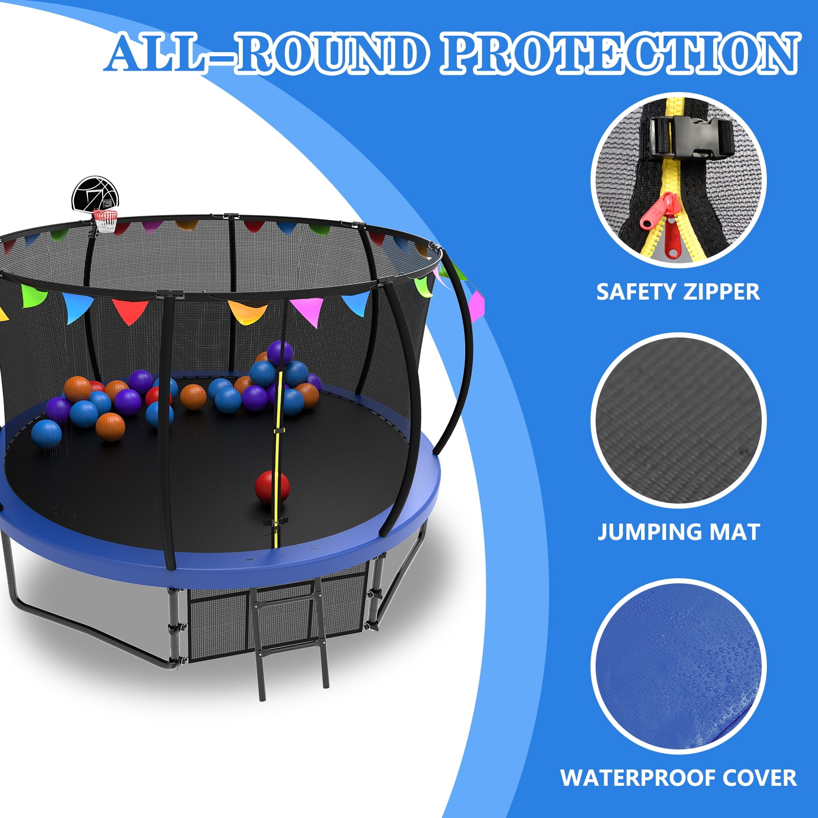Witaxima 12FT Kids Trampoline with Safety Enclosure Net, Ladder & Flag Accessories, Outdoor Recreational Blue Trampoline, ASTM Certified, 144in Diameter