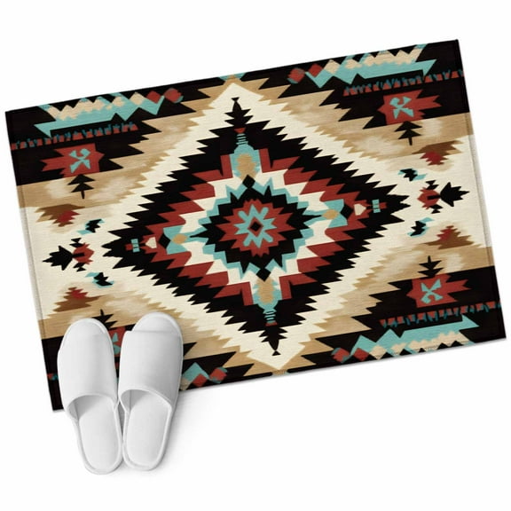 Boho Brown Teal Red Bathroom Mat 2x3 FT, Non Slip Small Kitchen Mat, Southwestern Geometric Art Vintage Washable Soft Backed Front Door Throw Rug Indoor Outdoor Doormat for Entryway Sink